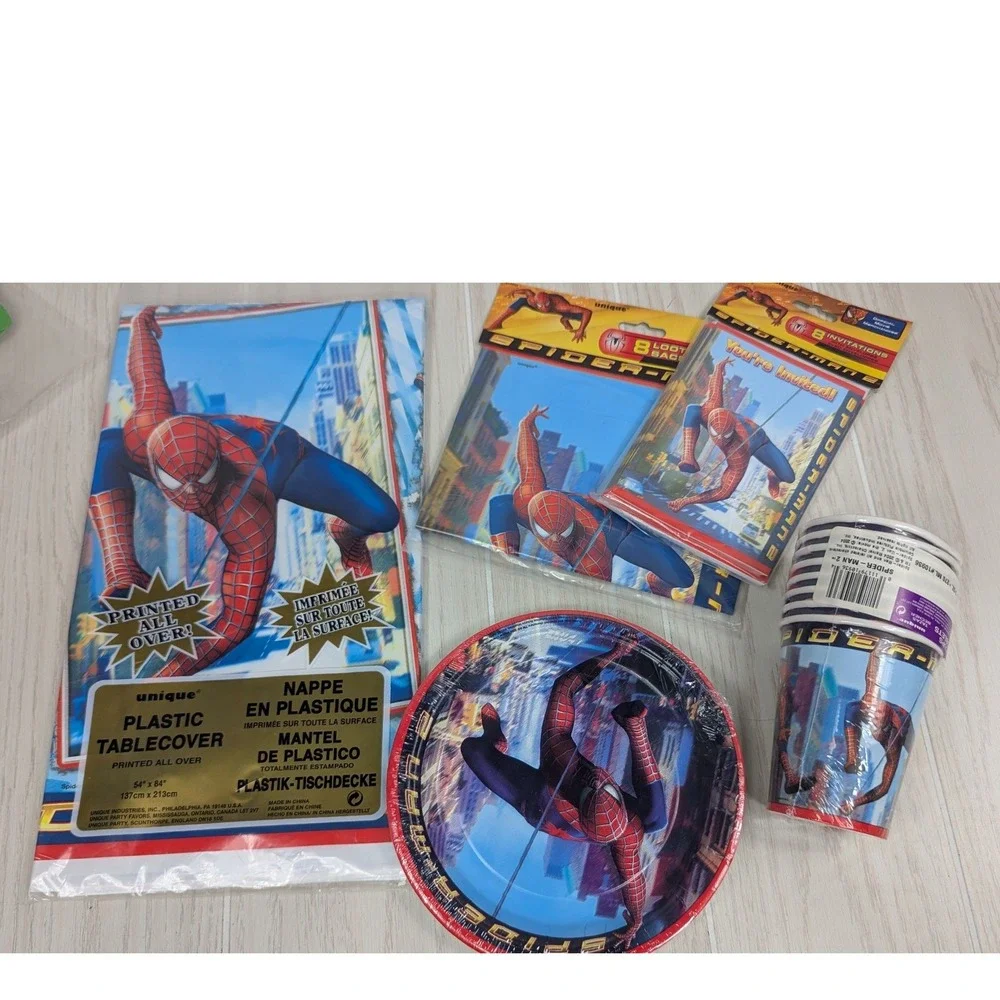 Spider-Man 2 Party Supplies Set 2004 Vintage dessert plates tablecloth bags cups